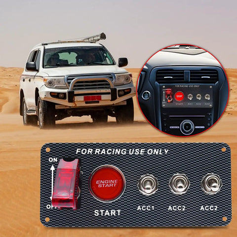 12V Racing Car Ignition Switch Panel 5 In 1 with Engine Start Button, LED Toggle Switches, Carbon Fiber Look in vehicle dashboard