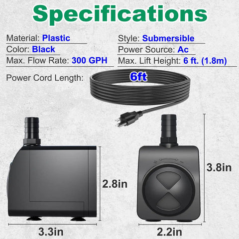 Specifications of Ultra Quiet Submersible Pump 300GPH With Overheat Protection, 6 Foot Lift, shown in black plastic with AC power cord