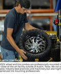 Man mounting Sick Glossy White Steel Golf Cart Wheels And Durable Turf Replacement Tires Set Of Four in workshop.