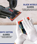Black nitrile and white cotton gloves handling cards in Premium Pro Grade LED Magnifying Glass And Centering Tool For Sports Card Grading Kit.
