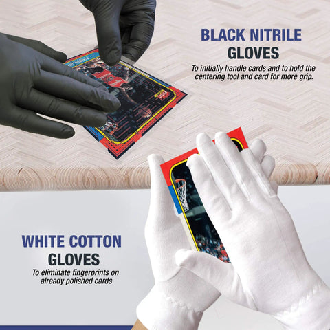 Black nitrile and white cotton gloves handling cards in Premium Pro Grade LED Magnifying Glass And Centering Tool For Sports Card Grading Kit.
