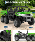 24V Dual Motor 2 Seater Ride On Dump Truck for Big Kids, pictured on a dirt path with six wheels and bright green body