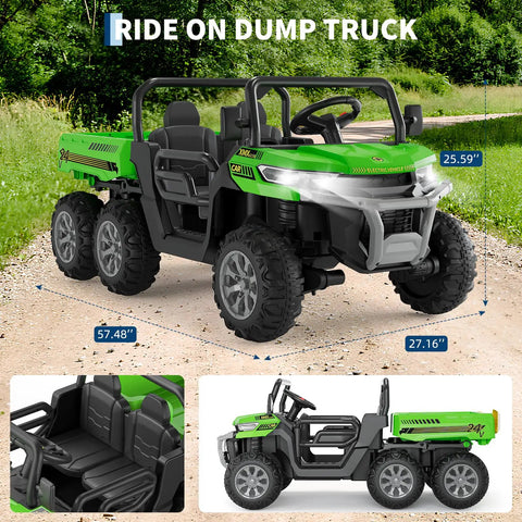 24V Dual Motor 2 Seater Ride On Dump Truck for Big Kids, pictured on a dirt path with six wheels and bright green body
