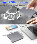 USB C External SuperDrive For Mac Slot In DVD RW Drive Aluminum Space Grey Compatible With Apple MacBooks Desktops Ultra Slim Aluminum Casing With Fingerprint Resistant Finish And Easy Plug And Play USB C Connection, slim grey drive on laptop