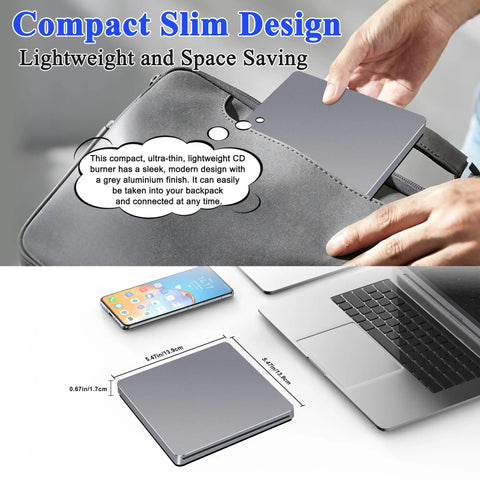 USB C External SuperDrive For Mac Slot In DVD RW Drive Aluminum Space Grey Compatible With Apple MacBooks Desktops Ultra Slim Aluminum Casing With Fingerprint Resistant Finish And Easy Plug And Play USB C Connection, slim grey drive on laptop