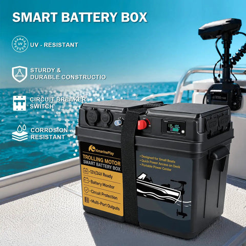 Kickass Smart Trolling Motor Battery Box Power Center Featuring Dual 50A Anderson Connectors And Quick Charge USB Ports For 12V And 24V Fishin Ready To Roll on a boat deck with water in background.