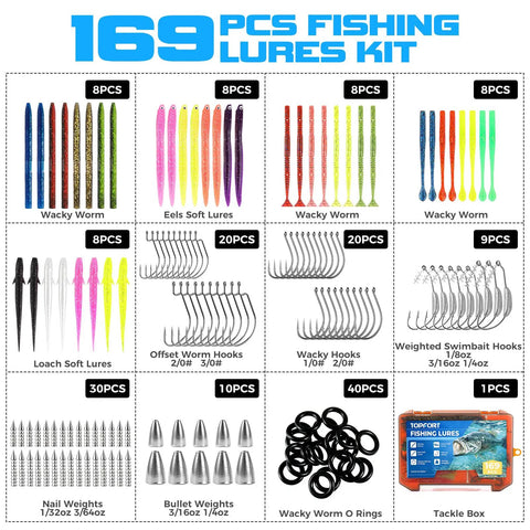 169 PCS Pro Grade All In One Bass Fishing Lures Kit with soft baits, hooks, weights, and tackle box gifts for men.