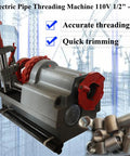 Heavy Duty One Hundred Ten Volt Electric Pipe Threading Machine And Half Inch To Three Inch Threader Kit with red handle and alloy cutter.