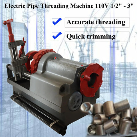 Heavy Duty One Hundred Ten Volt Electric Pipe Threading Machine And Half Inch To Three Inch Threader Kit with red handle and alloy cutter.