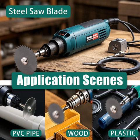 66 Piece All In One Rotary Tool Accessory Kit with steel saw blade cutting PVC, wood, and plastic; tool in workshop setting