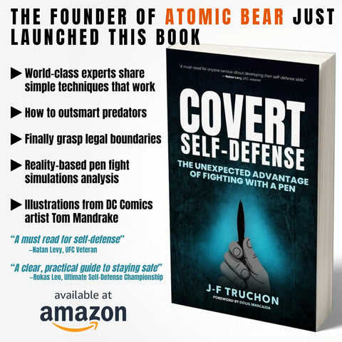 Covert Self-Defense book launch poster by Atomic Bear with pen fight techniques available on Amazon