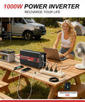 Image of Plug And Play One Thousand Watt Dc To Ac Power Inverter converting battery juice for outdoor use, featuring LCD panel and USB ports.