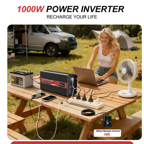 Image of Plug And Play One Thousand Watt Dc To Ac Power Inverter converting battery juice for outdoor use, featuring LCD panel and USB ports.