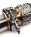 Close-up of V Band Clamp And Flanges Kit 3 Inch 76mm 304 Stainless Steel showing stainless steel clamp on exhaust pipe