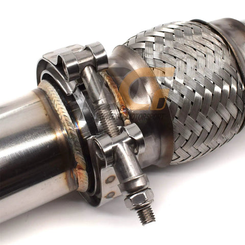 Close-up of V Band Clamp And Flanges Kit 3 Inch 76mm 304 Stainless Steel showing stainless steel clamp on exhaust pipe