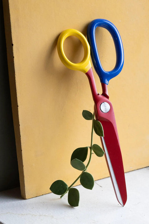 Chroma Scissors 8.5 Inch Heavy Duty Stainless Steel All Purpose Shears For Office Craft And Home Use With Ultra Sharp Blade And Ergonomic Comfort Grip Handles In Bold Red Color For Smooth Cutting And Everyday DIY Ready Workhorse, red handle scissors with yellow and blue loops