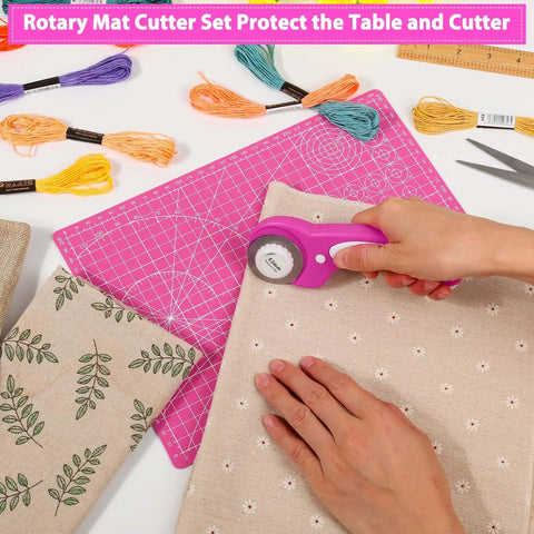 Using 45mm Rotary Cutter Kit with Self Healing Cutting Mat and 2 Replacement Blades for sewing and crafting projects.