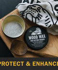 Open can of FDA Food Safe Wood Wax For Cutting Boards And Kitchen Boards 3 Oz Can Black Board Cream And Wax Made In USA.