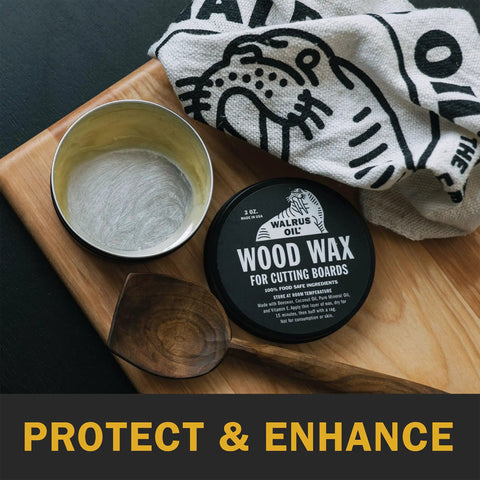 Open can of FDA Food Safe Wood Wax For Cutting Boards And Kitchen Boards 3 Oz Can Black Board Cream And Wax Made In USA.