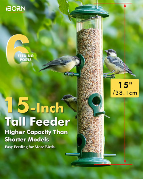 Six Port Metal Bird Feeder With Heavy Duty All Metal Construction 15 Inch Hanging Seed Feeder For Mixed Seed Blends And Sunflower Hearts Green Finish Gift Box Included with birds feeding.