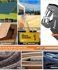 Collage showing uses for 3/8 Inch Grommet Tool Kit with handheld pliers next to fabric, canvas, and cardboard examples.
