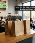 Large Brown Paper Bags With Handles 14x8x16 Inches Bulk Takeout Grocery Gift Bags For Food Service Retail Catering Office Travel Party Events 400 Count on cafe counter