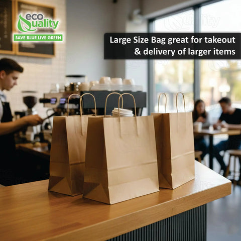 Large Brown Paper Bags With Handles 14x8x16 Inches Bulk Takeout Grocery Gift Bags For Food Service Retail Catering Office Travel Party Events 400 Count on cafe counter