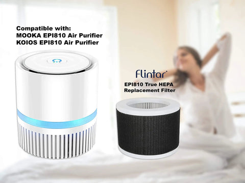 EPI810 Replacement Filter For KOIOS And MOOKA Air Purifiers Three Stage H13 Filtration Two Pack next to air purifier.