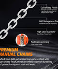 Lever Chain Hoist 1 Ton 3M Chain Length showing galvanized G80 manganee steel chain with high load capacity and smooth operation.