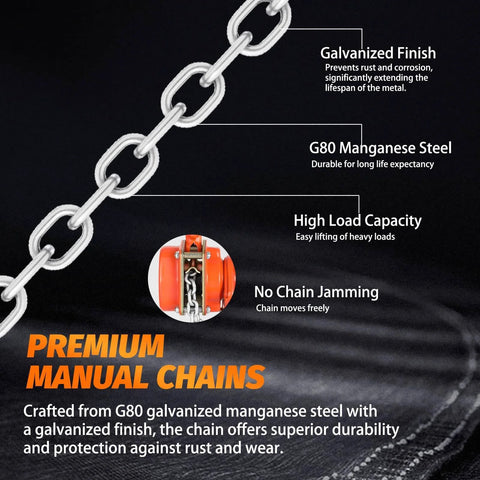 Lever Chain Hoist 1 Ton 3M Chain Length showing galvanized G80 manganee steel chain with high load capacity and smooth operation.