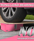 Car wheel on wooden plank above Pink 11 Inch Portable Steel Tool Box With Metal Latch, showing strong load-bearing capability.
