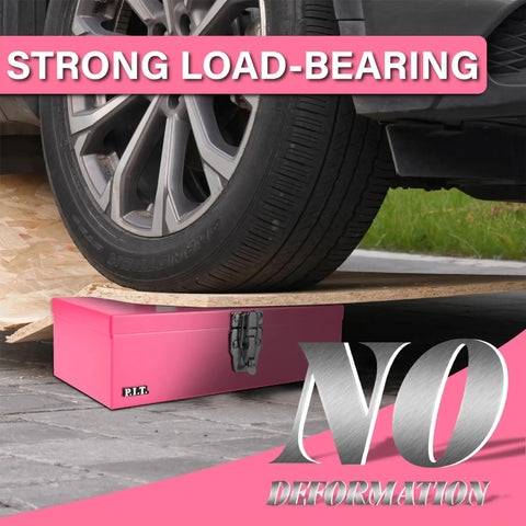 Car wheel on wooden plank above Pink 11 Inch Portable Steel Tool Box With Metal Latch, showing strong load-bearing capability.