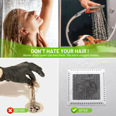 Stainless Steel Shower Drain Hair Catcher With Soft Silicone Edge Square Drain Strainer For Bathroom Floor Non Slip No Rust And High Drainage To Stop Clogs shown with before and after use comparison.