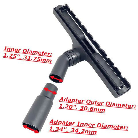 12 Inch Vacuum Brush Head Attachment With 360 Degree Swivel For Upright And Canister Vacuums, Hose Adapter Included, dimensions shown