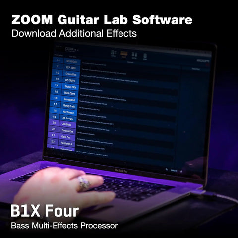 Person using Zoom Guitar Lab Software on laptop to download effects for B1X Four Bass Multi Effects Processor With Expression Pedal