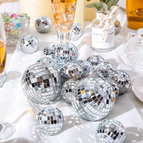 8 Pack Mini Disco Ball Garlands And Silver Mirror Balls Hanging Banner For Party Backdrop Decor on festive table setting