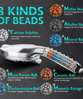 Diagram of high pressure shower head with ten modes highlighting 8 kinds of filter beads for bathroom use