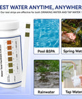 Hard Water Test Strips Kit With Dual Color Pads For Quick Accurate Home Water Testing Of Drinking Water Tap Water Well Water Pool And Spa Water With Sample Tube And 150 Strips bottle and strips with water images.