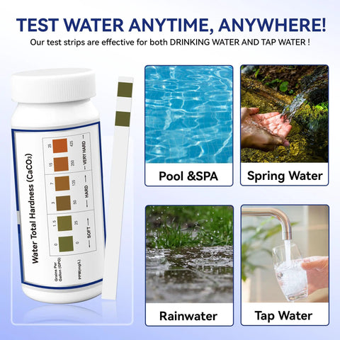 Hard Water Test Strips Kit With Dual Color Pads For Quick Accurate Home Water Testing Of Drinking Water Tap Water Well Water Pool And Spa Water With Sample Tube And 150 Strips bottle and strips with water images.