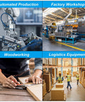 Collage of automated production, factory workshop, woodworking, and logistics equipment in industrial settings
