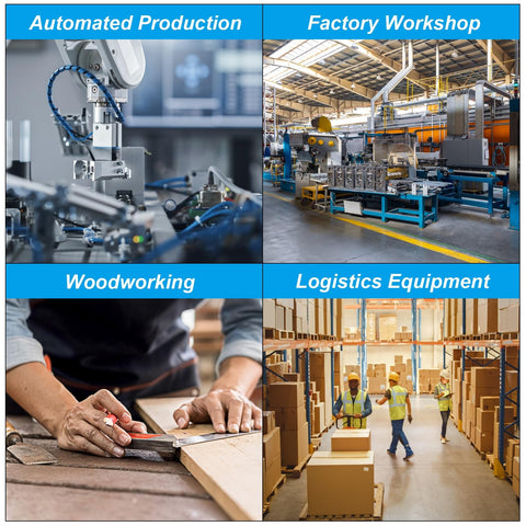 Collage of automated production, factory workshop, woodworking, and logistics equipment scenes.