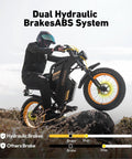 Rider on 2000W Fat Tire Electric Bike With Removable 48V 25Ah Battery Full Suspension And Dual Hydraulic Brakes 32 MPH Max Speed 20 Inch Dirt Bike For Commuting And Off Road, performing off-road maneuver on rocky terrain.