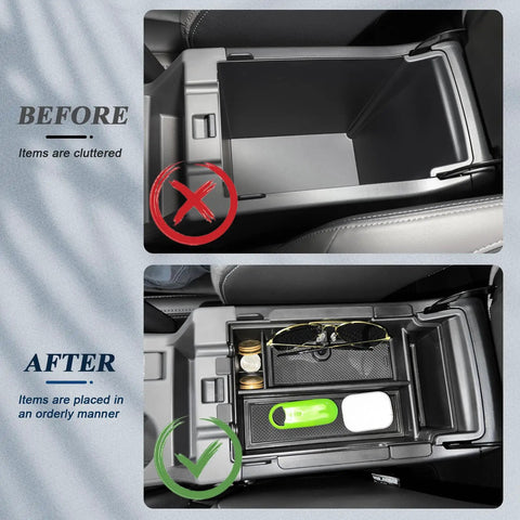 Two Pack Center Console Organizer For Subaru Crosstrek And Impreza 2023 To 2026 Custom Fit Double Layer Tray with before and after view