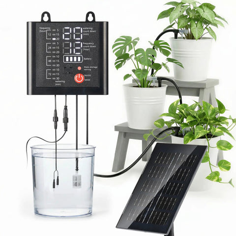 Solar Powered Drip Irrigation Setup With USB Charging For Indoor Outdoor Plants 49 Ft Kit Supports 15 Potted Plants