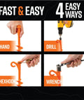 Demonstration of Orange Screw In Tent Stakes 12 Pack For Sand No Drill Needed Ground Anchors With Maximum Grip in 4 methods: hand, drill, hexhook, wrench.