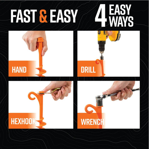Demonstration of Orange Screw In Tent Stakes 12 Pack For Sand No Drill Needed Ground Anchors With Maximum Grip in 4 methods: hand, drill, hexhook, wrench.