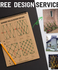 Outdoor Wire Trellis Kit design notebook with sketches; wall examples for climbing plants; DIY 12-piece 1/8in stainless steel kit.