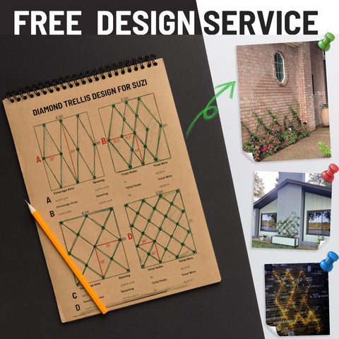 Outdoor Wire Trellis Kit design notebook with sketches; wall examples for climbing plants; DIY 12-piece 1/8in stainless steel kit.