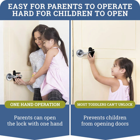Two Pack Door Lever Locks For Kid Proofing, Easy One Hand Operation For Adults, No Tools Needed For Install, Durable ABS With Strong Adhesive Backing, Sticks To Flat Surface Next To Lever, Keeps Toddlers Out