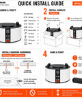 Installation guide for Rock Solid 1040 CFM Shop Air Filtration System, showing unboxing, handle installation, and setup steps.